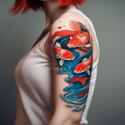 tatuaje pez koi en el brazo mujer