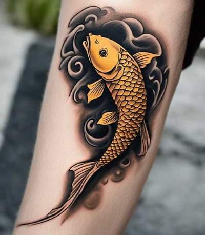 tatuaje pez koi amarillo antebrazo