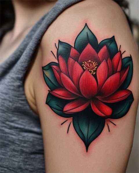 tatuaje flor de loto roja en el hombro