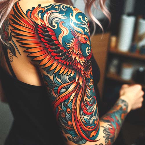 tatuaje ave fénix mujer brazo
