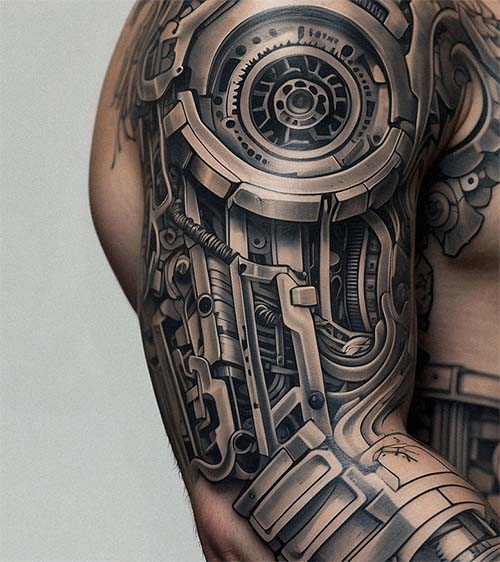 tatuaje biomecanico brazo hombre